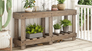 English Elm U_Style 62.9" Vintage Console Table - Solid Fir Wood, Antique Metal Rivets & Under-Shelf Storage Option N711P289135O-GIGA