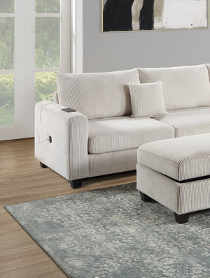 English Elm Ivory Corduroy 3pc Sectional Sofa Set with USB Port, RAF Chaise, Storage Ottoman & 2 Pillows B011S01240