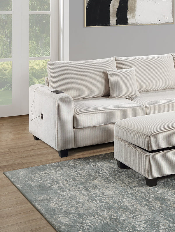 English Elm Ivory Corduroy 3pc Sectional Sofa Set with USB Port, RAF Chaise, Storage Ottoman & 2 Pillows B011S01240