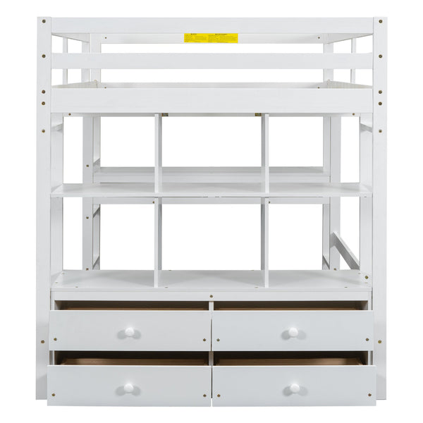 English Elm Full Loft Bed with Built-in Desk, 4 Drawers, 6 Shelves, Pine/MDF White — Space-Saving Study Loft SM000320AAK