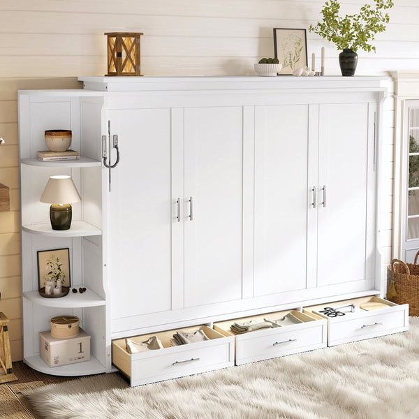 English Elm Queen Murphy Wall Bed with Side Cabinets Open Shelving and Drawers for Studio Rooms White W1580S00452