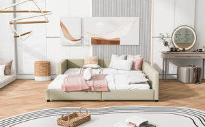 English Elm Queen Upholstered Platform Bed with Twin XL Daybed Set, PU Leather, Space-Saving Convertible Duo for Guests and Kids Beige SF100115AAA