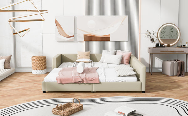 English Elm Queen Upholstered Platform Bed with Twin XL Daybed Set, PU Leather, Space-Saving Convertible Duo for Guests and Kids Beige SF100115AAA