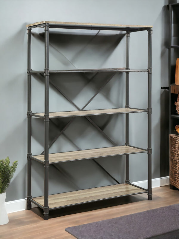 English Elm Itzel Industrial Steel Frame Bookshelf with Warm Oak Veneer Shelves for Home Office B2726P256219