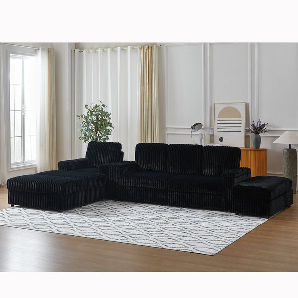 English Elm Corduroy minimalist coffee table conversion sofa set with cup grooves, recliner comfort and L-shaped layout for hosting Black W834S00547