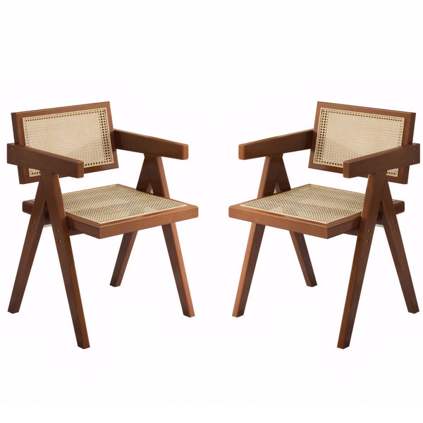 English Elm Modern Mid Century Rattan Dining Chairs Set of 2 — Walnut Wood Armchairs, Cozy Stylish Accent Seats for Home W3101P314635