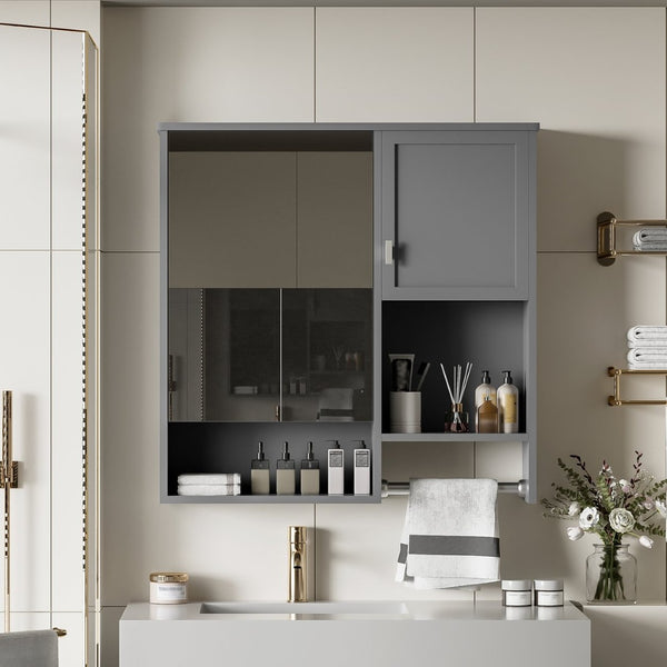 English Elm 29'' Wall Mounted Bathroom Cabinet with Mirror Towel Bar and Adjustable Shelving N710P209440E
