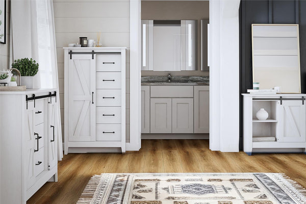 English Elm Alton Farmhouse Chest with Sliding Barn Door Five Drawers and Matte Black Hardware Oak B2733S00019