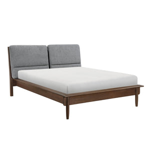 English Elm Walnut Veneer Eastern King Platform Bed Upholstered Gray Fabric Mid-century Frame B011S01614