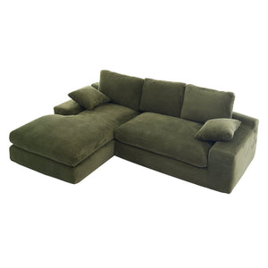 English Elm Green corduroy compressed sofa with 3 back cushions & 2 throw pillows — soft, resilient, space-saving comfort W3612S00016