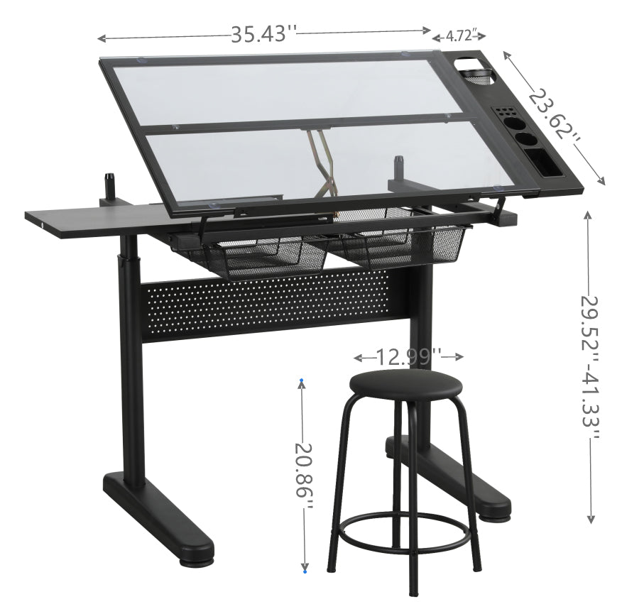 English Elm hand adjustable drafting table with hand-crank lift, tempered glass tilting top, dual metal drawers, stool included Black W347P168174
