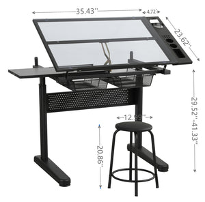 English Elm hand adjustable drafting table with hand-crank lift, tempered glass tilting top, dual metal drawers, stool included Black W347P168174