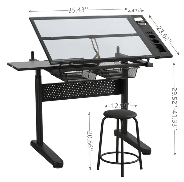 English Elm hand adjustable drafting table with hand-crank lift, tempered glass tilting top, dual metal drawers, stool included Black W347P168174