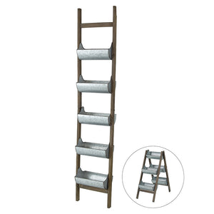 English Elm Farmhouse Foldable Ladder Planter with 5 Galvanized Buckets, Rustic Distressed Wood Vertical Garden Decor W2078P322239