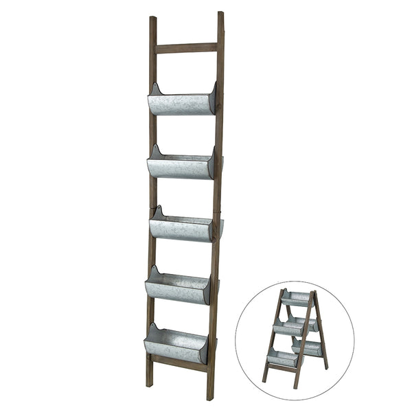 English Elm Farmhouse Foldable Ladder Planter with 5 Galvanized Buckets, Rustic Distressed Wood Vertical Garden Decor W2078P322239