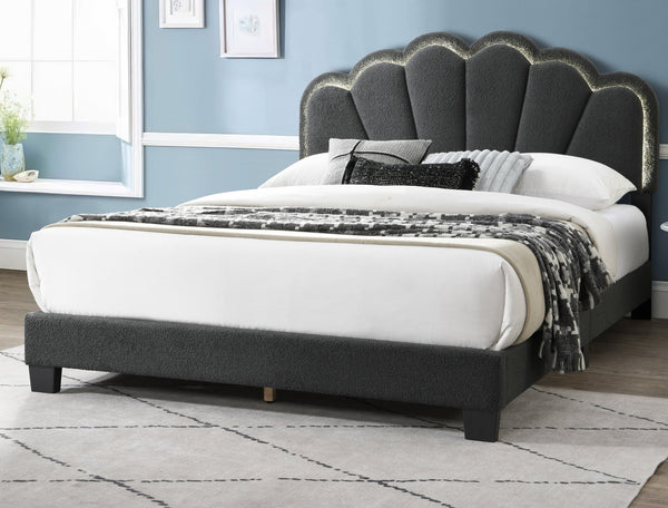 English Elm 1pc Queen Size Bed Wool Upholstered Platform with Channel Tufted Headboard and Built‑In LED Lighting Charcoal 66 L x 30 W x 10 H B011P238975