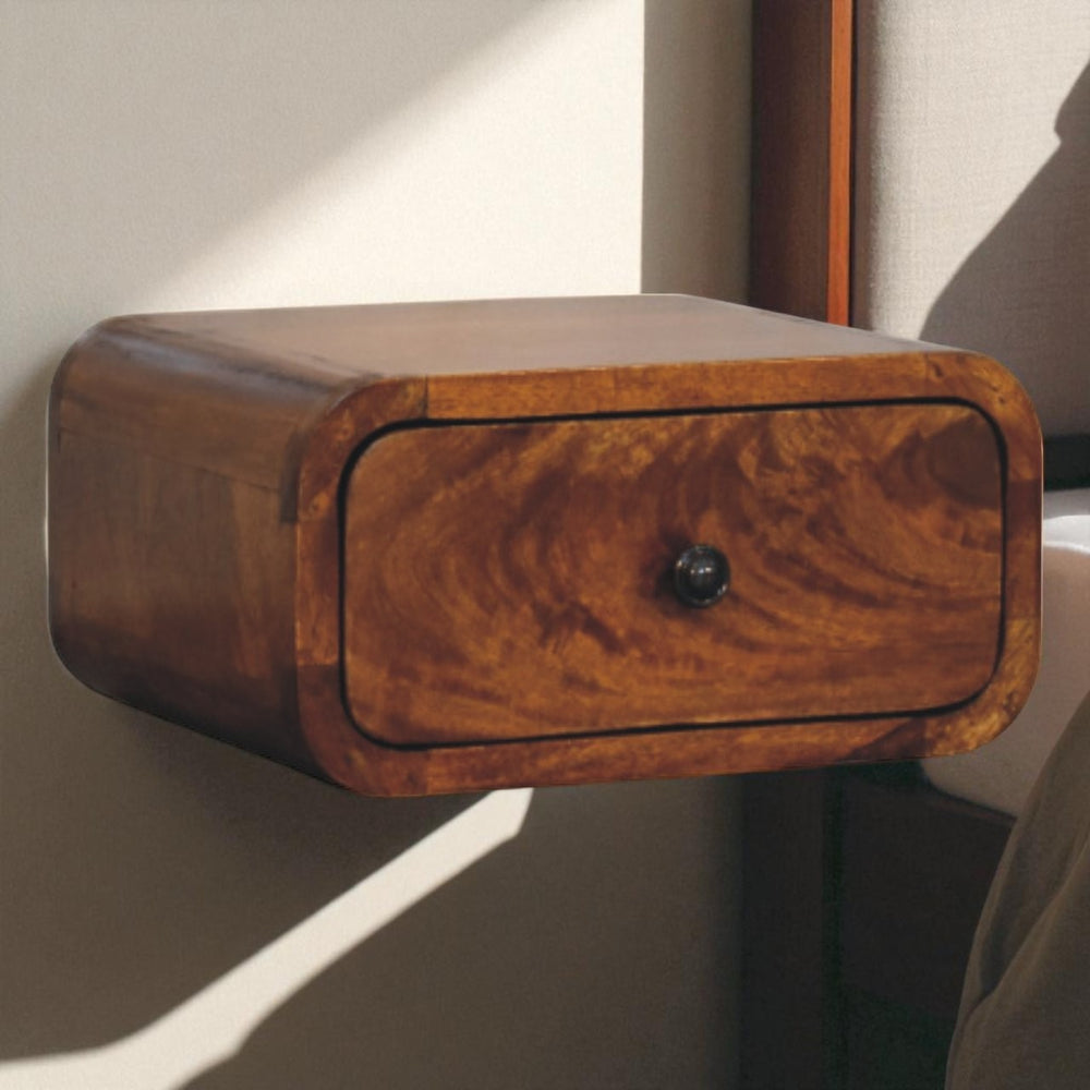 English Elm Solid Wood Avora Mini Wall-Mounted Chestnut Nightstand — 100% Mango Wood, 1 Drawer, Space-Saving Elegance B182P291473