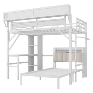 English Elm Ful Full-over-Twin Metal Bunk Bed with Desk, Bookshelves, LED Lighting & USB Charging Station, White W2580S00041