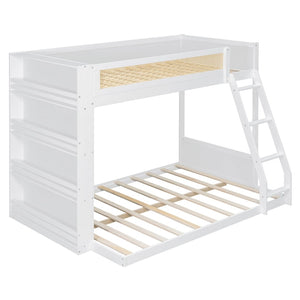 English Elm Twin Over Full Bunk Bed with Cane Guardrail Led Lighting and Built-in Bookshelf White LT000351AAK