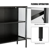 English Elm Stylish 4-Door Tempered Glass Cabinet With 4 Glass Doors Adjustable Shelf and Feet Anti-Tip Dust-Free Fluted Glass Kitchen Credenza Black