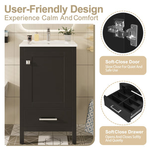 English Elm 20-Inch Compact Bathroom Vanity with Ceramic Sink, Soft-Close Storage, Divider Drawer & Easy Plumbing Access Black N729P334847B