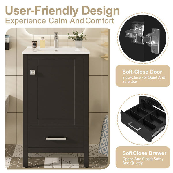 English Elm 20-Inch Compact Bathroom Vanity with Ceramic Sink, Soft-Close Storage, Divider Drawer & Easy Plumbing Access Black N729P334847B