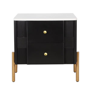 English Elm Christopher Knight Home® - Modern Fluted Nightstand with Two Drawers and Gold Legs, Sleek Textured Bedside Table for Stylish Storage and Easy Cleaning Black 23 L x 18 W x 18 H N761P285710B