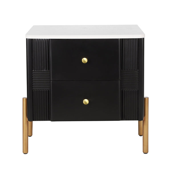 English Elm Christopher Knight Home® - Modern Fluted Nightstand with Two Drawers and Gold Legs, Sleek Textured Bedside Table for Stylish Storage and Easy Cleaning Black 23 L x 18 W x 18 H N761P285710B