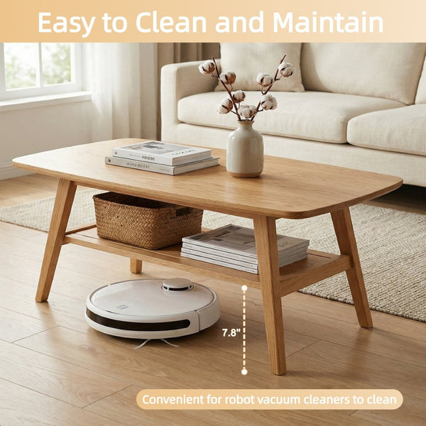 English Elm Mid Century Modern Solid Oak Two Tier Coffee Table with Open Shelf for Living Room Wood W3204P469106