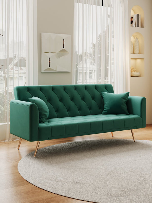 English Elm 71 Convertible Loveseat Sofa Bed Velvet Upholstered 2-Seater with Golden Legs, Retro Chic, 600lb Capacity Green W165880949