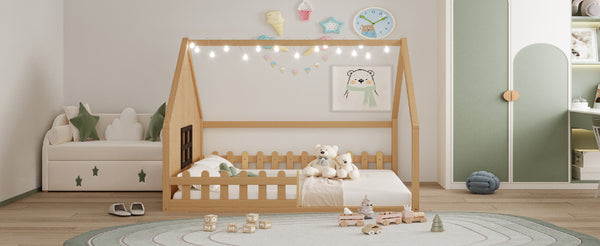 English Elm Full House Bed Frame with Window & Fence Playhouse Design, Sturdy Pine/MDF, Safe 400lb Capacity Natural N709P215545N