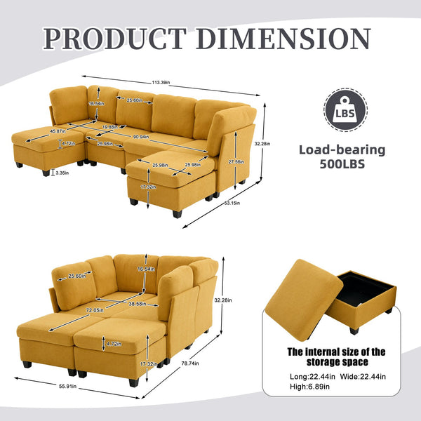 English Elm UNITED Modular 6-Seat Sectional Sofa with Removable Ottoman, Storage Compartments, Convertible Comfort Mustard yellow W1568S00247