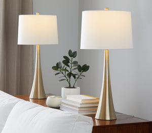 English Elm Diana Gold 29" Contemporary Table Lamp Set of 2 with White Linen Shades, 3-Way Switch, Modern Flair B202P224109