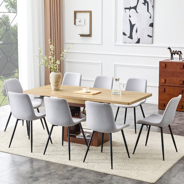 English Elm Scalable Extendable Dining Set with Wood Grain Table and Gray Linen Chairs 8 Piece W1151S04686