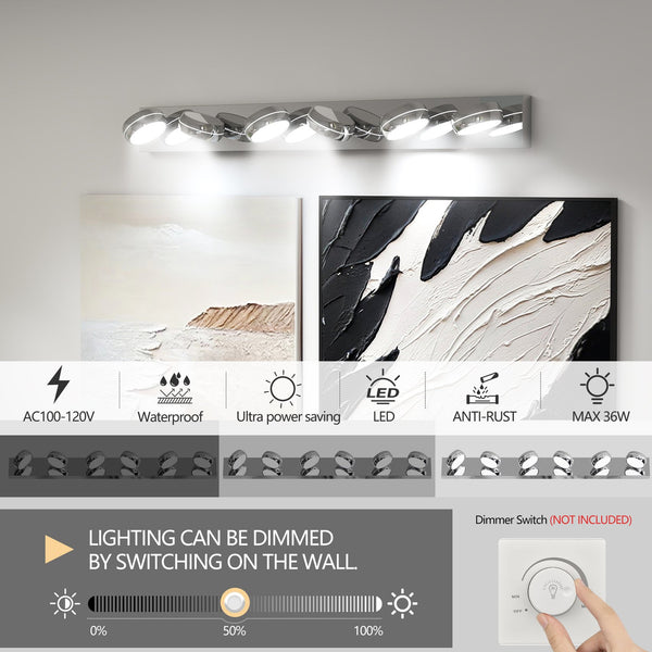 English Elm Led Vanity Lights - Modern 6-Light Chrome Bath Fixture With Dimming Control For Bright Mirror Illumination W2312P374937