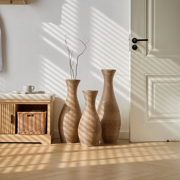 English Elm 3-piece modern PVC floor vase set with tall standalone racks for artificial branches and decor accents Beige W2796P261494