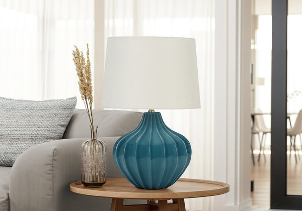 English Elm Lighting, Curved Ceramic Table Lamp with Ivory Linen Shade and Gold Finial, 24" Height, Transitional Blue 17 L x 17 W x 15 H B2710P220078