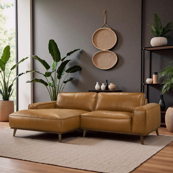 English Elm Kerrville Top Grain Leather Left Chaise Sectional Mid Century Walnut Leg Sofa B183S00214