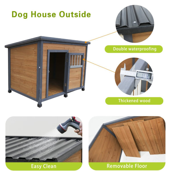 English Elm 45"large Solid Wood Outdoor Dog House with Pvc Roof Elevated Floor and Ventilation Windows W1431P166718