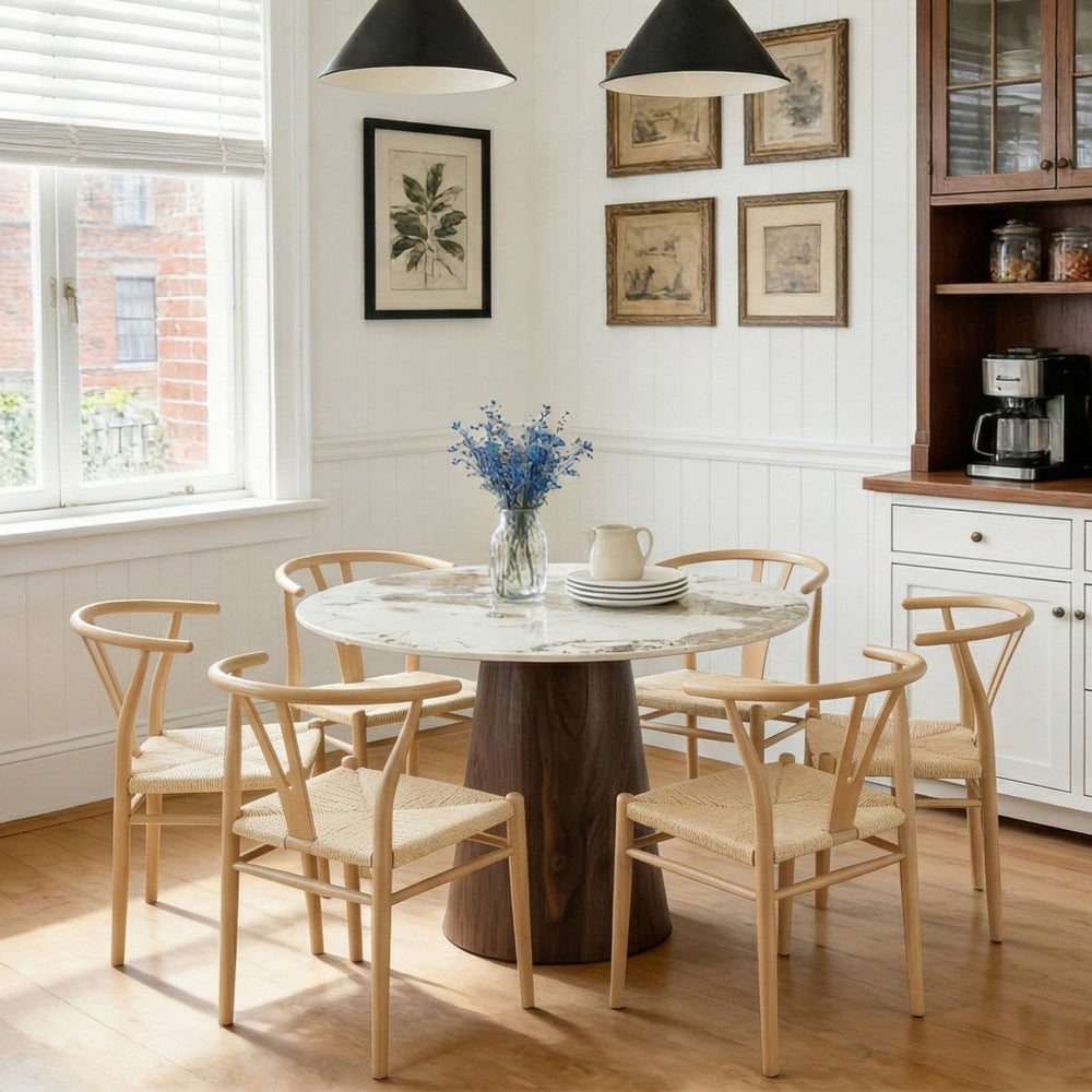 English Elm Table and Chair Set 42 Inch Round Stone Top with Six Wishbone Rope Woven Dining Chairs W2920S00156