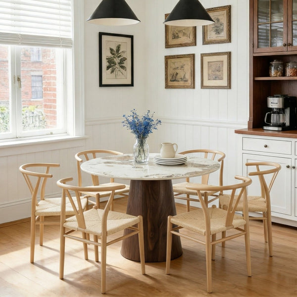 English Elm Table and Chair Set 42 Inch Round Stone Top with Six Wishbone Rope Woven Dining Chairs W2920S00156
