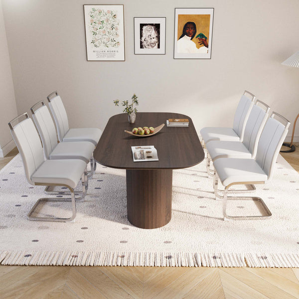 English Elm 63" Mid-Century Modern Brown Mdf Dining Table & 6 Pu Armless Chairs Set For Stylish Dining Spaces W2189S00677