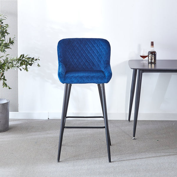 English Elm Counter Height Bar Stool Velvet Upholstered Set of 2 with Ergonomic Curved Back & Black Metal Legs Blue B205P241937
