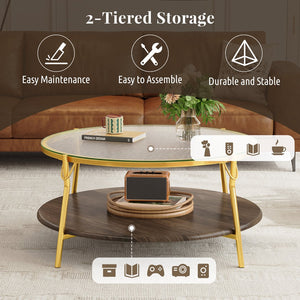 English Elm Modern 47.2" Rectangular Coffee Table with Sleek Black Top, Gold Metal Base and Four Drawers for Stylish Storage and Durable Contemporary Living Room Furniture Gold+Glass,Walnut N735P350390D