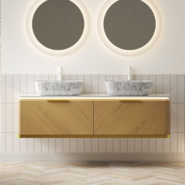 English Elm Dina 60 Inch Floating Bathroom Vanity Sintered Stone Top Dual Glass Basins Wood Grain W2615S00535