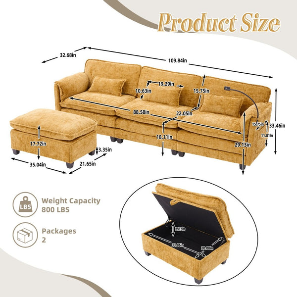 English Elm United 112" Oversized Modular Sectional Sofa For Living Room - Comfy Chenille Couch With Storage & Usb W1568S00187-GIGA