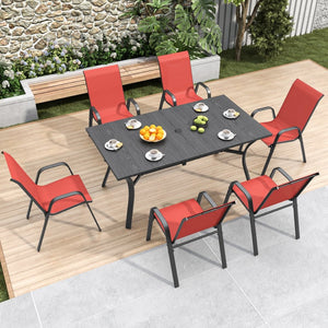 English Elm 6-piece Outdoor Dining Chair Set Powder Coated Metal Teslin Fabric Patio Seating Black+Red W3979P402401