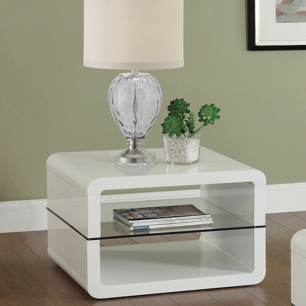 English Elm Emerson White High Gloss One-Shelf Rectangular End Table with Glass Shelf Modern Minimalist Chic B062P331042