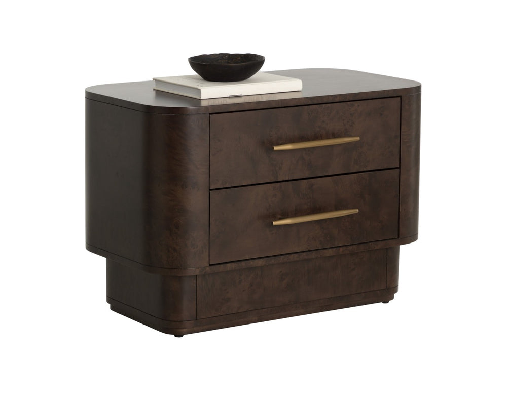 Sunpan EZEKIEL Nightstand - Chic Maple Burl Veneer with Soft-Close Drawers and Brushed Gold Accents 112139