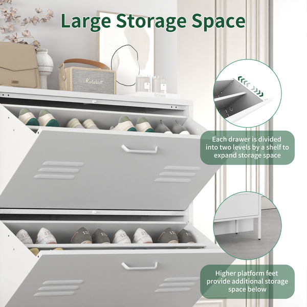 English Elm Shoe 3-Flip Drawer Storage Cabinet with Metal Frame — Freestanding Organizer for Entryway, White T2398P290422